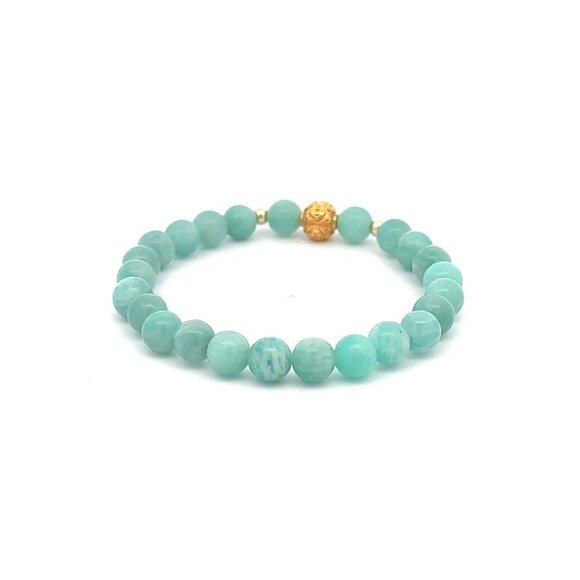 18K Gold Money Ball Lucky Charm Beads Bracelet Gemstones Amazonite Peru 6mm - Picture 4 of 5
